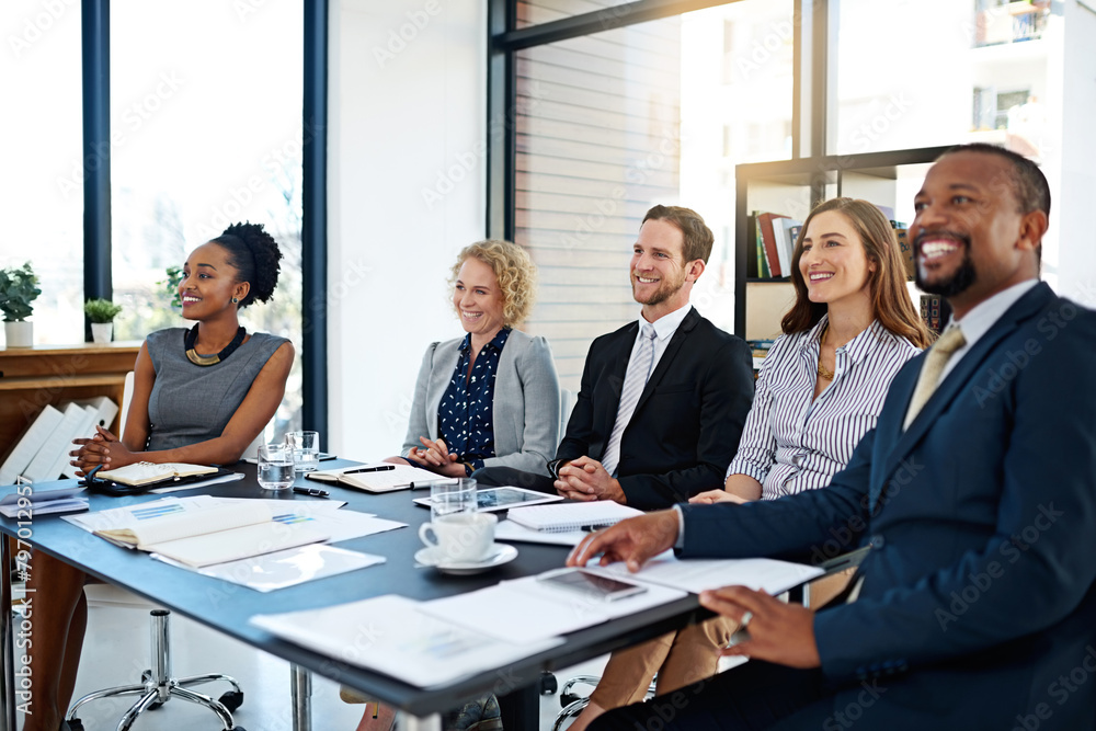 Business people, presentation or audience in seminar, workshop or meeting for training or coaching. Happy, smile or staff in crowd at conference or convention for education, paperwork and learning