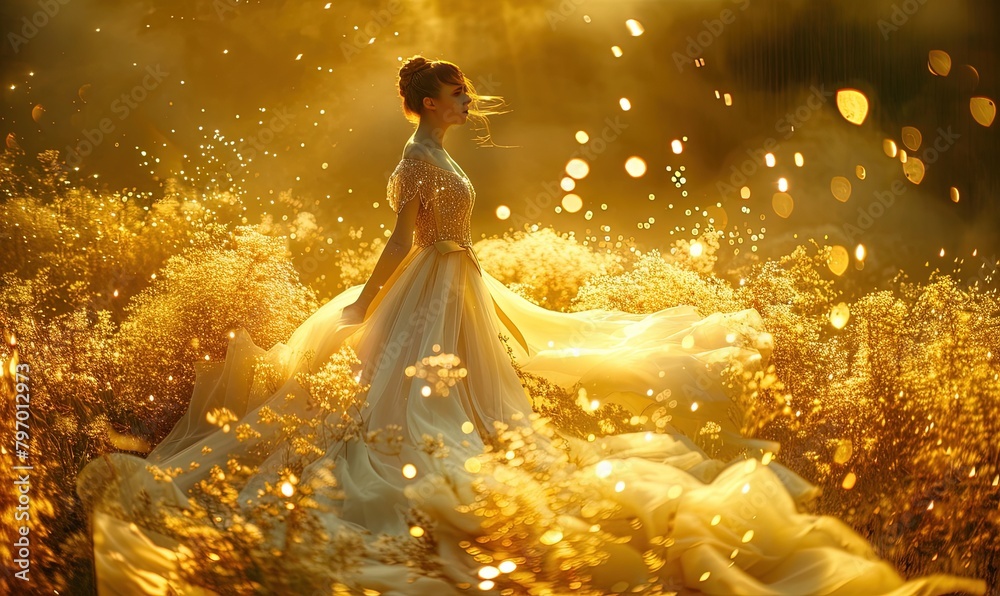 A woman in a beautiful dress dancing in the sunlight A woman in a beautiful dress dancing in the sunlight