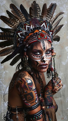 Exquisite tribal body art on a model with dramatic headdress