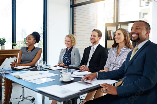Business people, presentation or audience in seminar, workshop or meeting for training or coaching. Happy, smile or staff in crowd at conference or convention for education, paperwork and learning