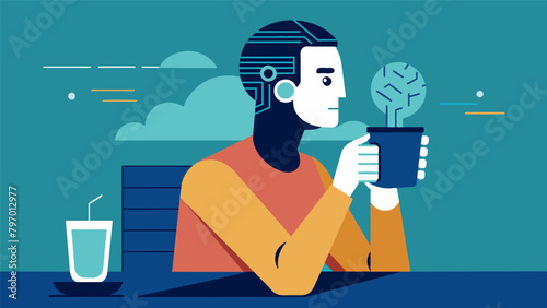 A lone customer sipping on a latte engrossed in a complex debate about the morality of artificial intelligence.. Vector illustration