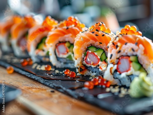 Japanese sushi rolls with tuna, salmon, shrimp, crab and avocado on plate