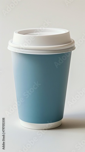 Blue paper coffee cup with white lid on white background © Olha