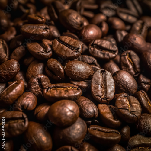 A close-up of rich brown coffee beans  exuding the enticing aroma and promise of a freshly brewed cup.