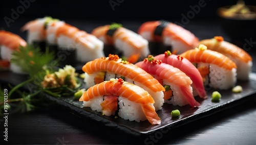 Nigiri sushi and sashimi sushi on wooden serving board with soy sauce over black stone texture background. Japanese menu