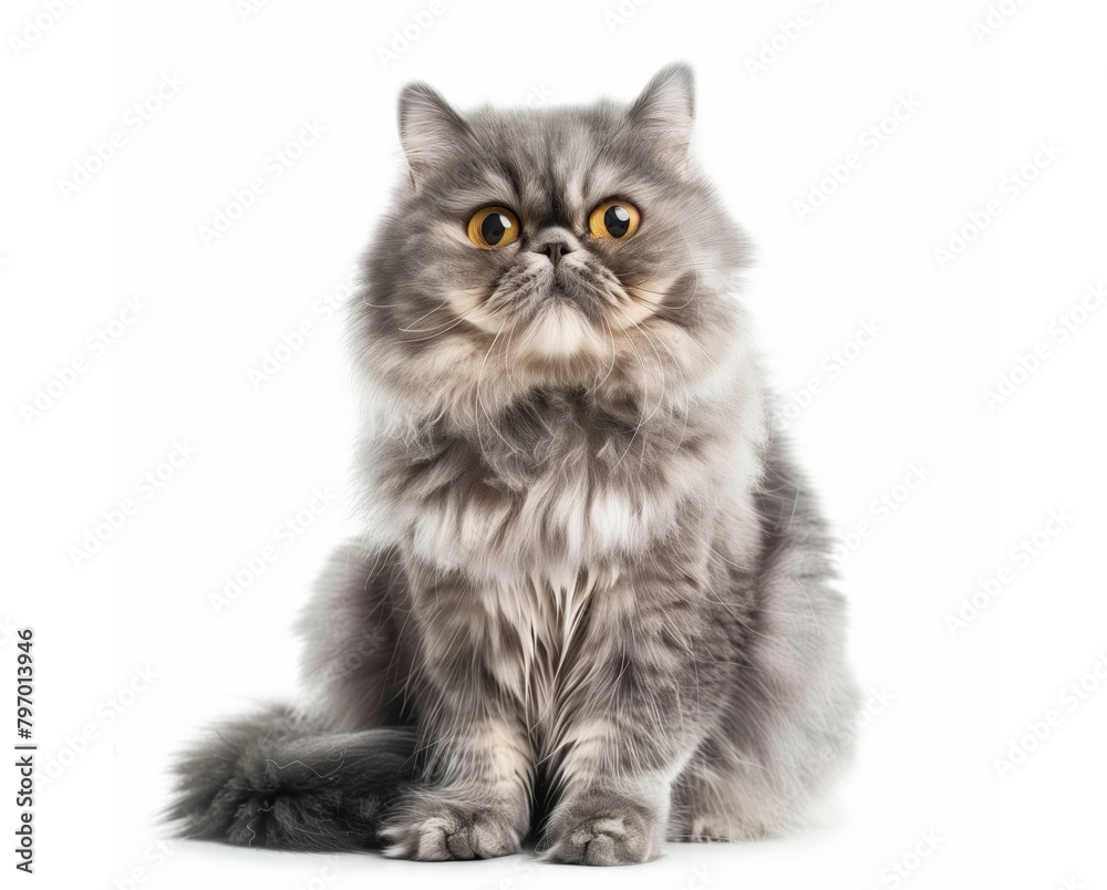 Beautiful grey striped cat isolated on a white background