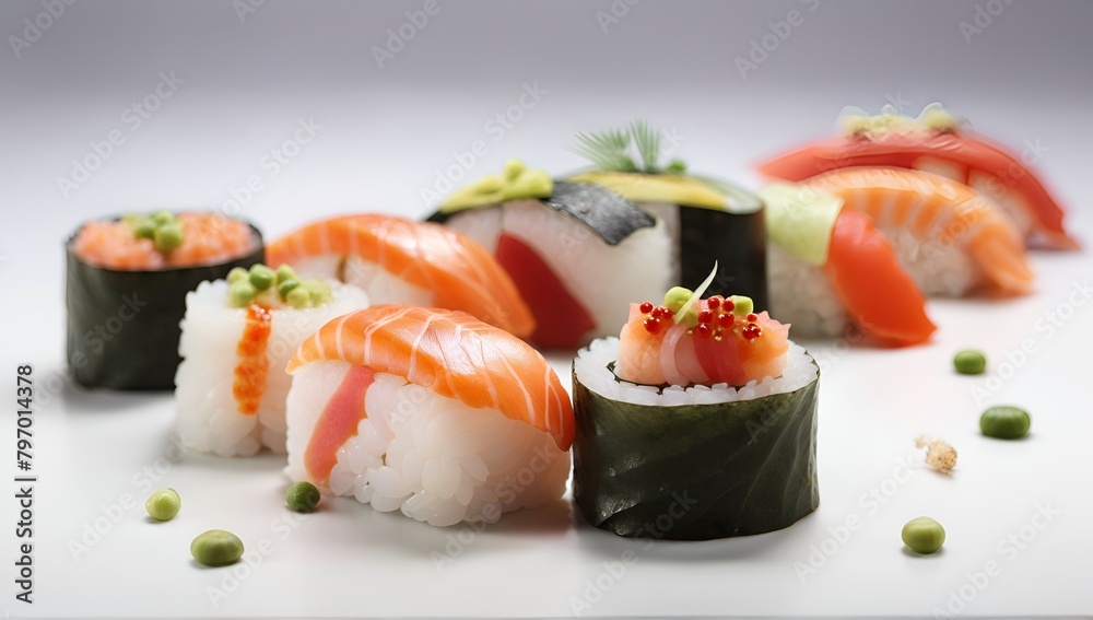 Nigiri sushi and sashimi sushi on wooden serving board with soy sauce over black stone texture background. Japanese menu Nigiri sushi and sashimi sushi on wooden serving board with soy sauce over black stone texture background. Japanese menu