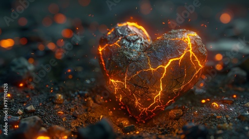 Heart of fire: A visually striking sculpture of a heart engulfed in flames among coals photo