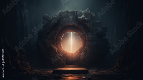 Mysterious keyhole portal with soft glowing light in a dark ethereal landscape