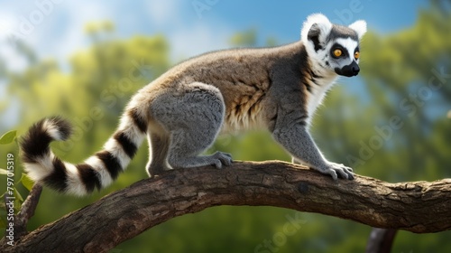 Stunning close-up of a ring-tailed lemur balancing on a branch in natural light