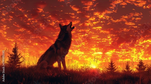 Majestic lone wolf silhouetted against a dramatic sunset in vibrant orange hues