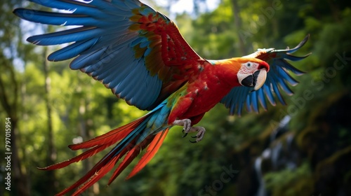 Stunning macaw in flight showcasing vibrant plumage against a lush forest backdrop