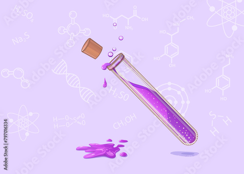 Chemical test tube in vector. A glass test tube with a stopper from which a substance splashes out. Laboratory experiments concept. Home and school experiments for children's master class.
