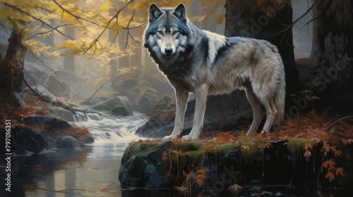 Majestic grey wolf standing on a rock in a serene autumn forest