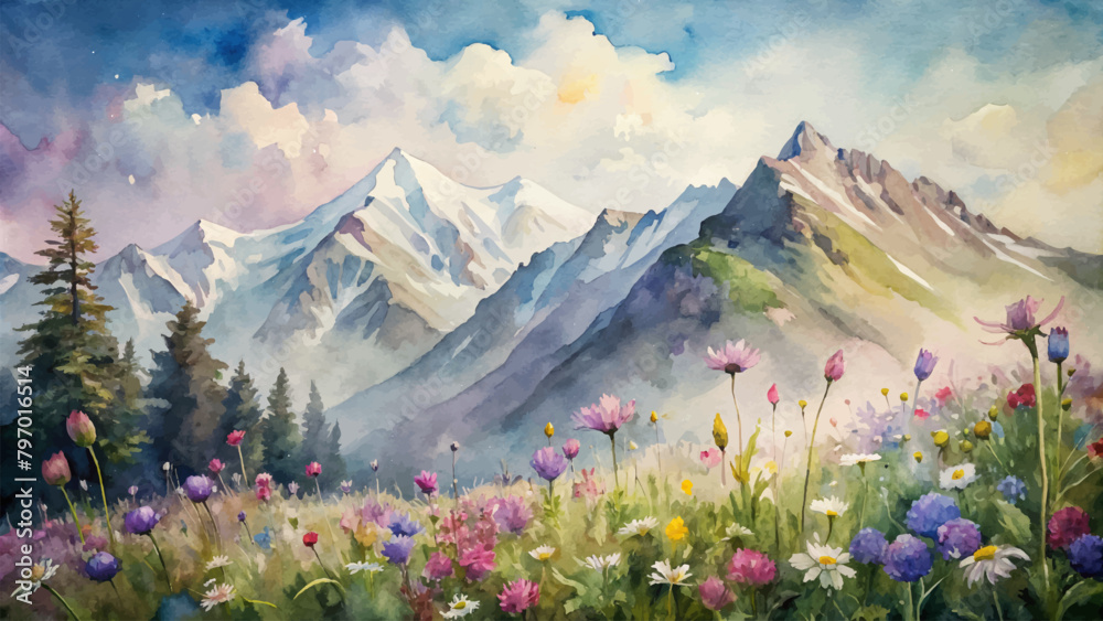 Watercolor background of wildflowers in the mountains