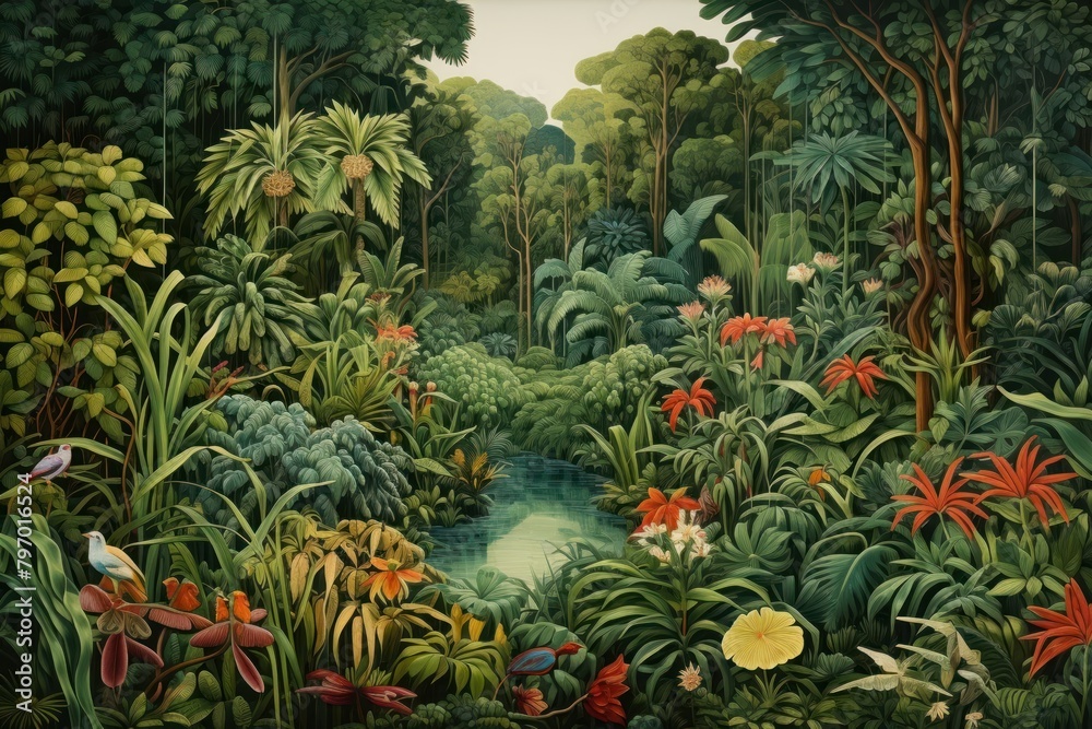 Jungle painting vegetation landscape.