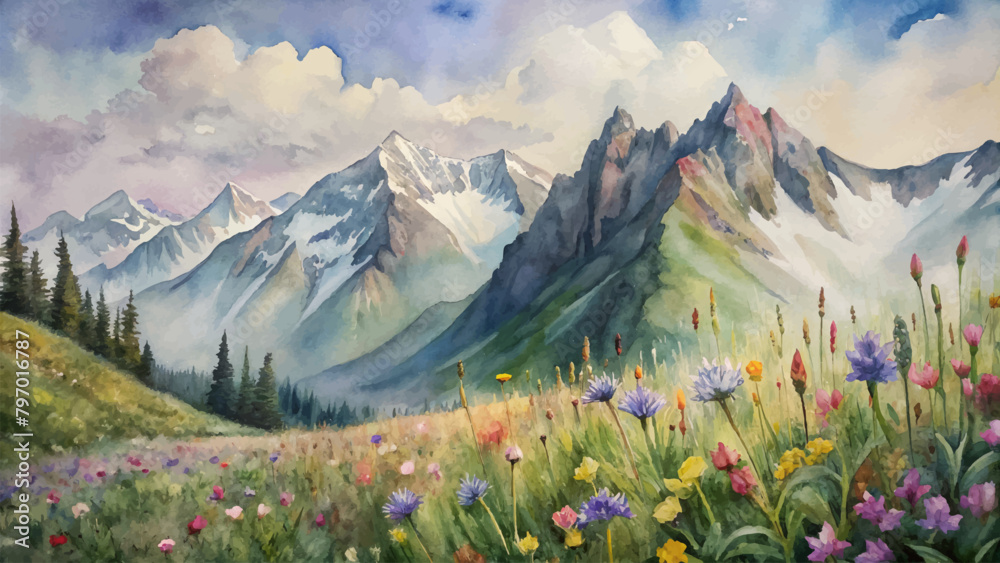 Watercolor background of wildflowers in the mountains