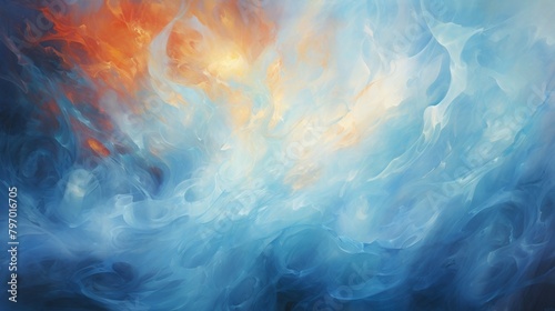 Abstract art depicting a dynamic interplay between vibrant orange fire and cool blue ice