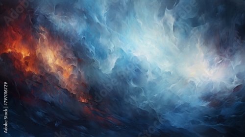 Abstract art depicting a dynamic interplay between vibrant orange fire and cool blue ice