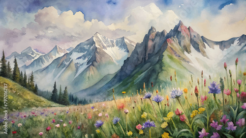 Watercolor background of wildflowers in the mountains
