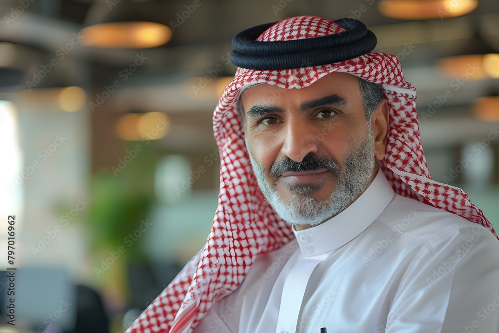 Middleaged Arab Man In Traditional Attire Working In An Office Setting 