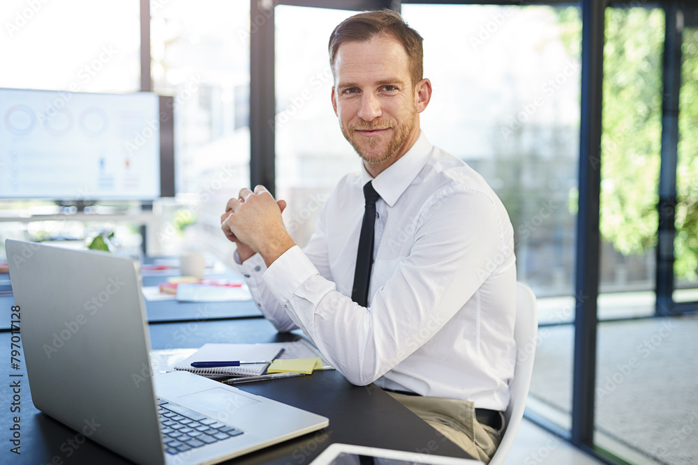 Portrait, laptop and man in office, smile and confidence for project, editor and corporate. Public relations, review and proofreading of articles, technology and online for company and employee Portrait, laptop and man in office, smile and confidence for project, editor and corporate. Public relations, review and proofreading of articles, technology and online for company and employee