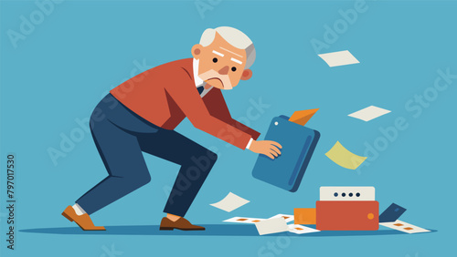 An elderly man shredding piles of unsolicited credit card offers to protect himself from potential identity theft. photo