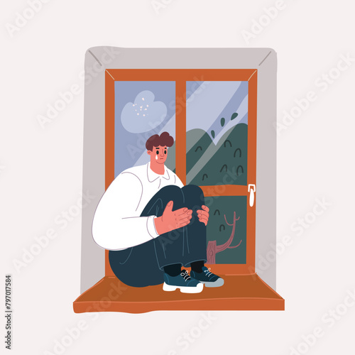 Cartoon vector illustration of Depressed Caucasian man losing job and heartbroken at same time sitting alone near window in dark at evening time with low light environment, PTSD Mental health and depr