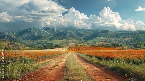 A road runs through a field of flowers, with mountains in the background