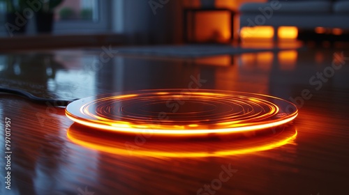 Glowing wireless charger with dynamic fiery effect on a moody, dark tabletop
