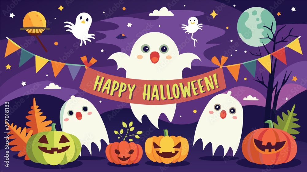 Prepare for a night of spectral spookiness on Halloween, with ghosts invited to a haunting party surrounded by pumpkins, bats, and the full moon overhead. Mysterious banner illustration.
Prepare for a night of spectral spookiness on Halloween, with ghosts invited to a haunting party surrounded by pumpkins, bats, and the full moon overhead. Mysterious banner illustration.