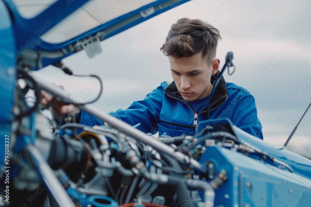 Skilled young airplane mechanic plane check engine avionics hangar industry technology experienced engineer safety scheduled maintenance transportation jet airport repair inspection replacement part