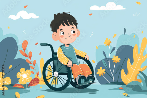 A boy in a wheelchair is riding through a forest. Vector illustration.