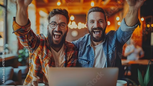 Celebrating Online Business Success: Male Colleagues Display Effective Teamwork and Friendship. Concept Successful Business Partners, Teamwork Achievement, Male Colleagues Friendship