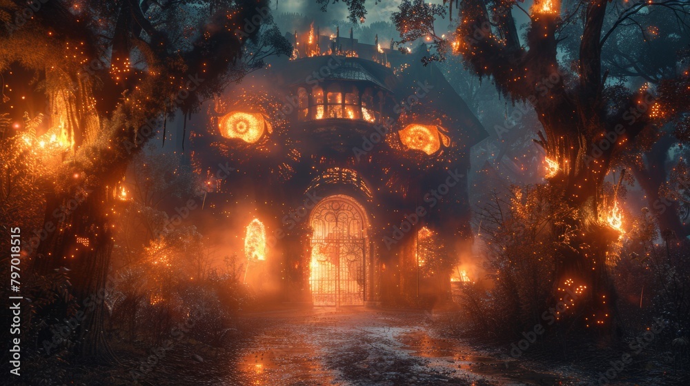 Mystical haunted mansion in a nightmarish forest with eerie glowing lights