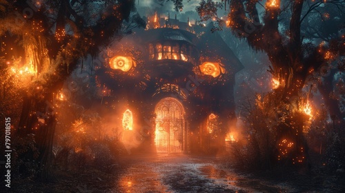 Mystical haunted mansion in a nightmarish forest with eerie glowing lights