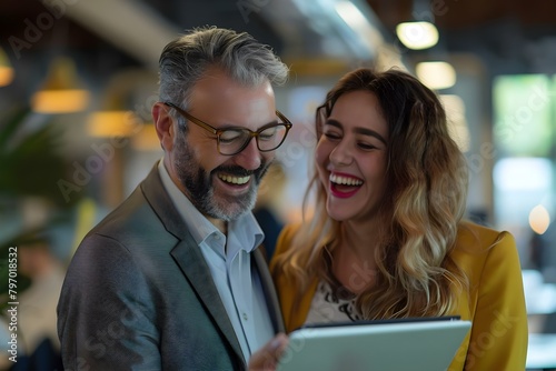 Male executive and young female employee sharing a laugh over a tablet. Concept Office Humor, Workplace Connection, Professional Relationship, Business Team Bonding, Tech Interaction