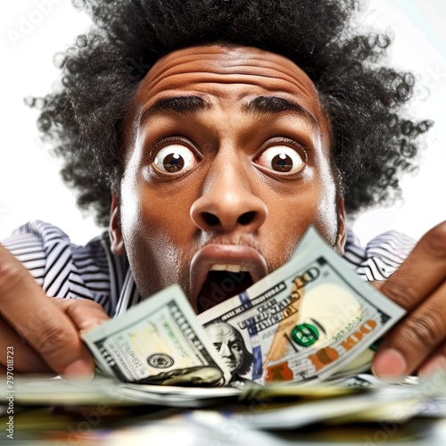 Person holding money with shocked expression. Great for stories about windfall, lottery, bonus, jackpot, inheritance, sudden wealth and more. 