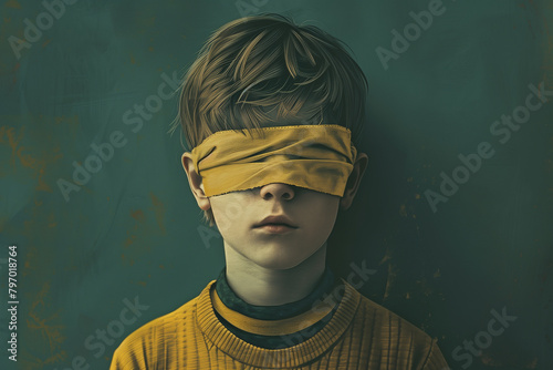 Blind little boy with yellow tissue tied on eyes
