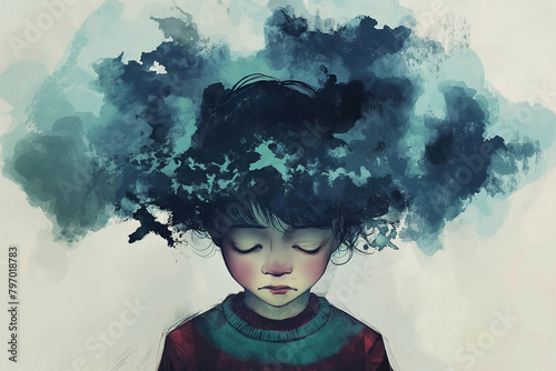 Sad boy sitting on floor surrounded by hard and anxious thoughts. Autism, child stress, mental disorder, anxiety, depression, stress, headache. Vector illustration.