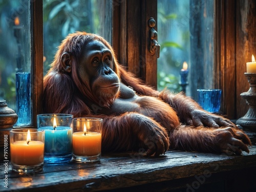 nostalgic dreaming and chilling orangutan laying at rustical wooden window looking at candle, generative AI