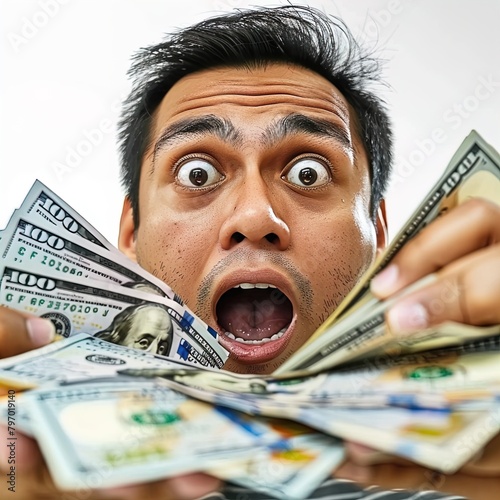 Person holding money with shocked expression. Great for stories about windfall, lottery, bonus, jackpot, inheritance, sudden wealth and more. 