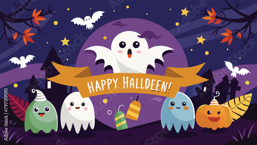 Prepare for a night of spectral delights on Halloween, as ghosts are invited to a haunting party surrounded by pumpkins, bats, and the full moon in the background. Enigmatic banner illustration.
