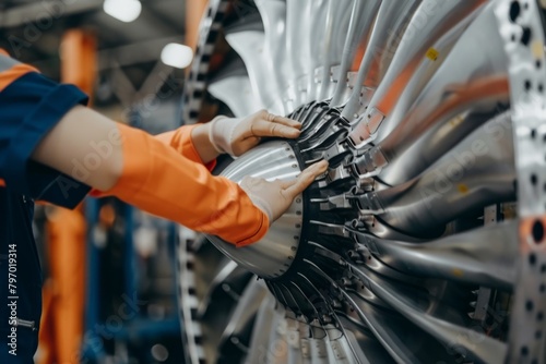 Skilled young airplane mechanic plane check engine avionics hangar industry technology experienced engineer safety scheduled maintenance transportation jet airport repair inspection replacement part