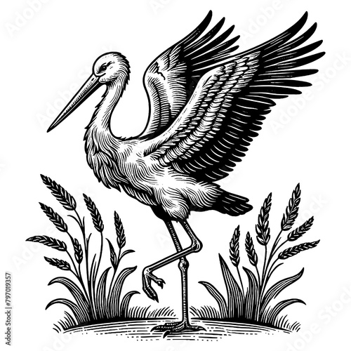 stork bird animal with spread wings in a reedy marshland sketch engraving generative ai PNG illustration. Scratch board imitation. Black and white image. photo