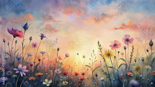 Wildflower watercolor background with twilight sky