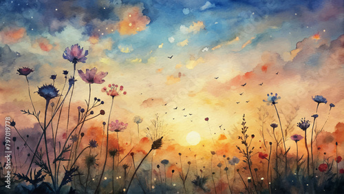 Wildflower watercolor background with twilight sky
