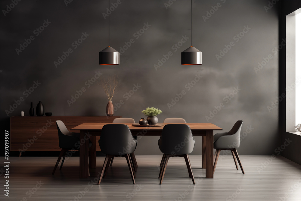 Modern dark dining room interior with gray empty wall