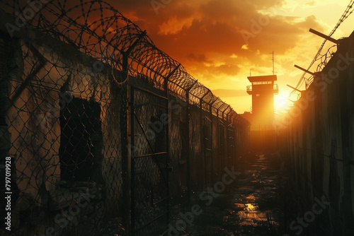 Old abandoned prison facilities behind wire fence at sunset