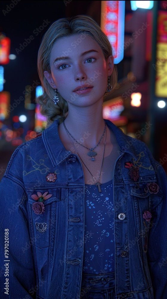 A young woman with blond hair stands on a dark city street. In a denim jacket with floral embroidery, a necklace with a cross and earrings. The expression on his face is serious. A young woman with blond hair stands on a dark city street. In a denim jacket with floral embroidery, a necklace with a cross and earrings. The expression on his face is serious.